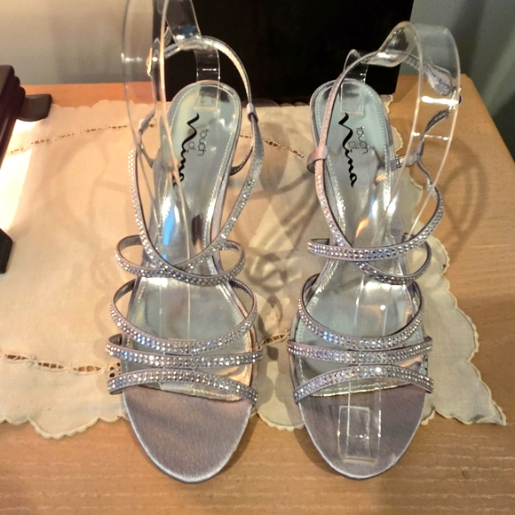 Touch of Nina Silver Rhinestone Strappy Heels, Size 9.5M, Like NEW!